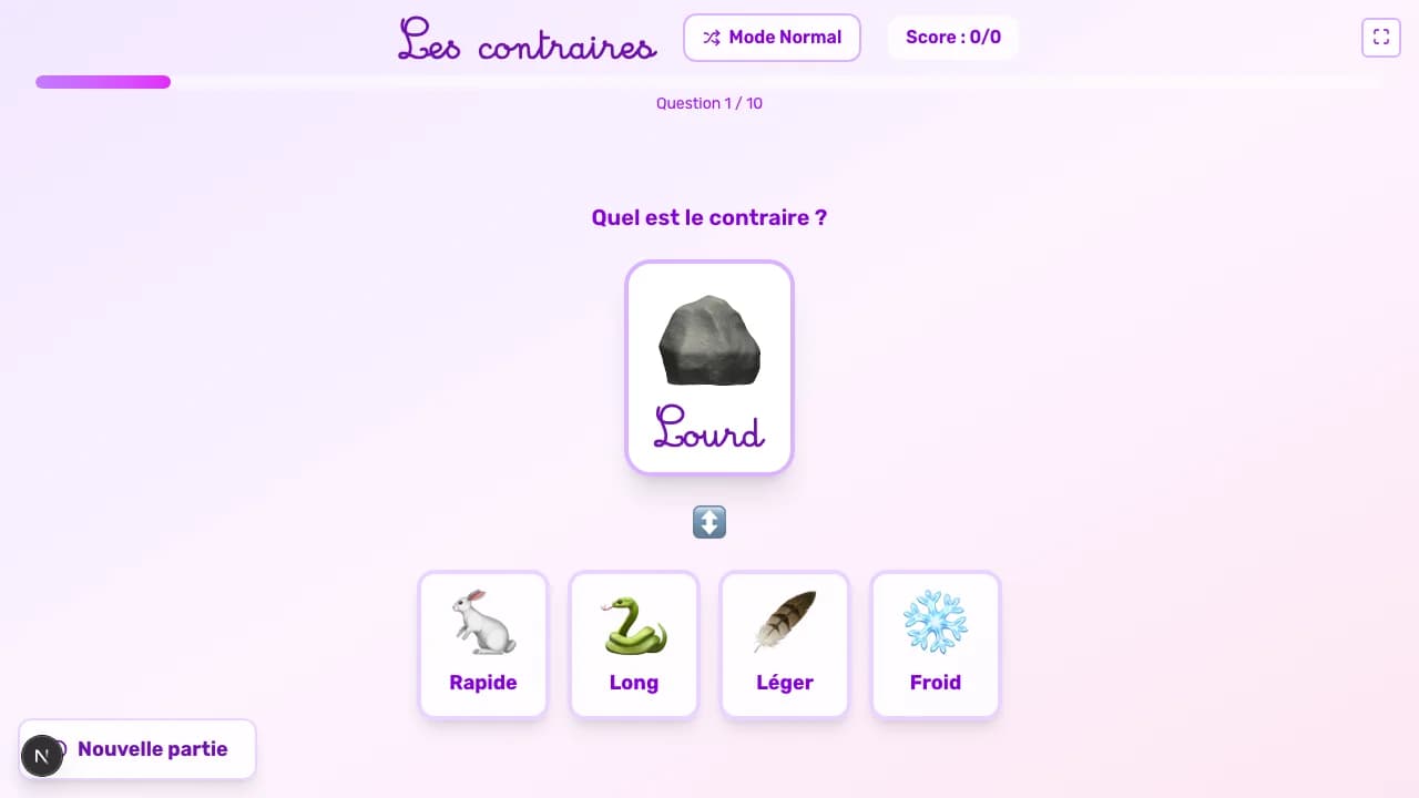 Aperçu du jeu Les contraires sur tableau blanc interactif