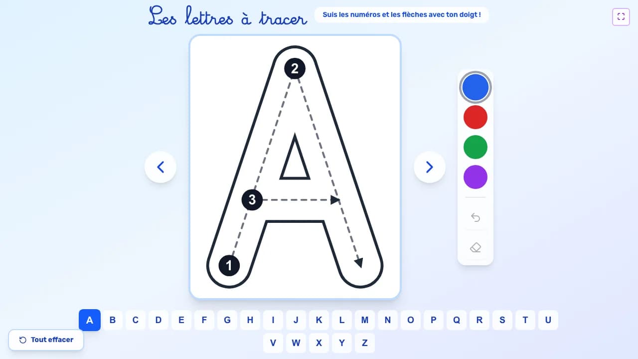 Aperçu du jeu Les lettres à tracer sur tableau blanc interactif