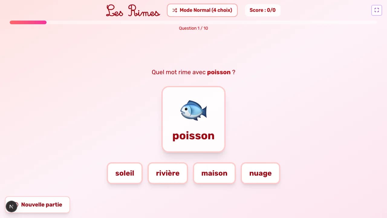 Aperçu du jeu Les rimes sur tableau blanc interactif