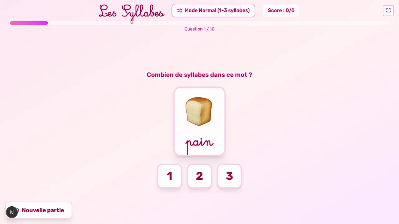 Aperçu du jeu Les syllabes sur tableau blanc interactif