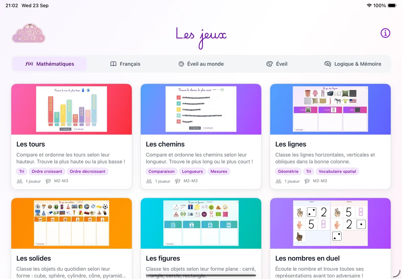 Catalogue des jeux classés par matière sur iPad
