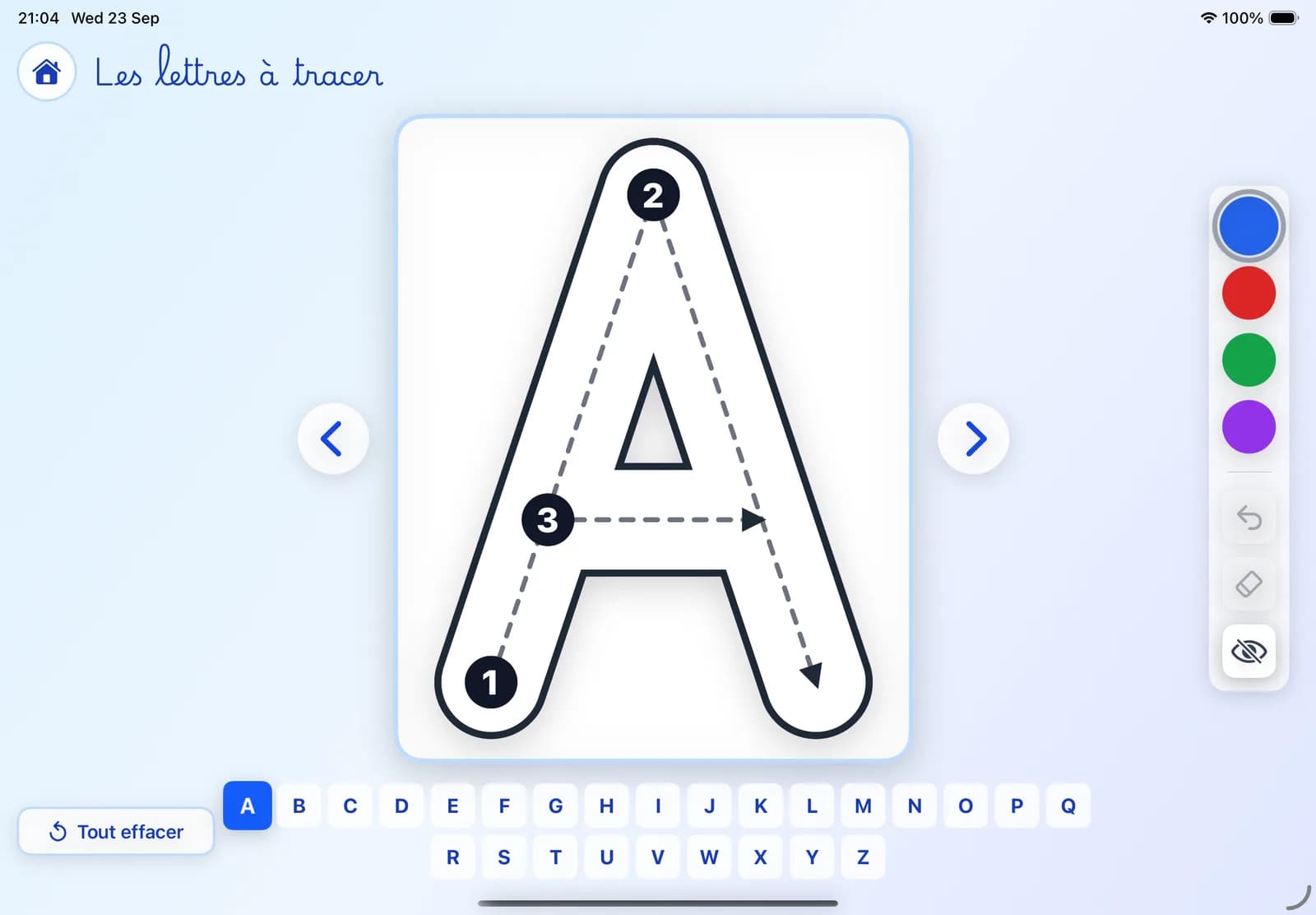 Modèle de la lettre A avec numéros et flèches